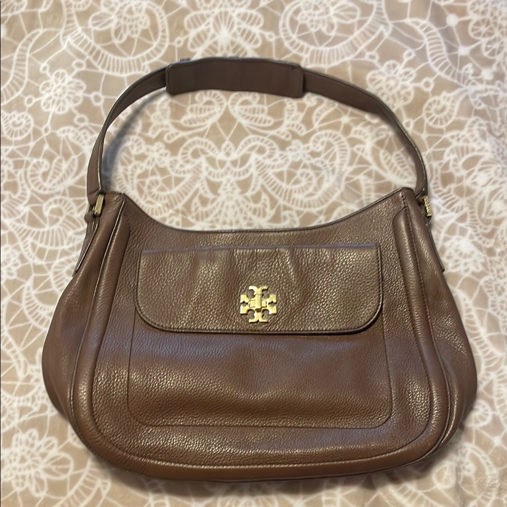 Tory Burch Brown Leather Shoulder Bag with Gold Accents